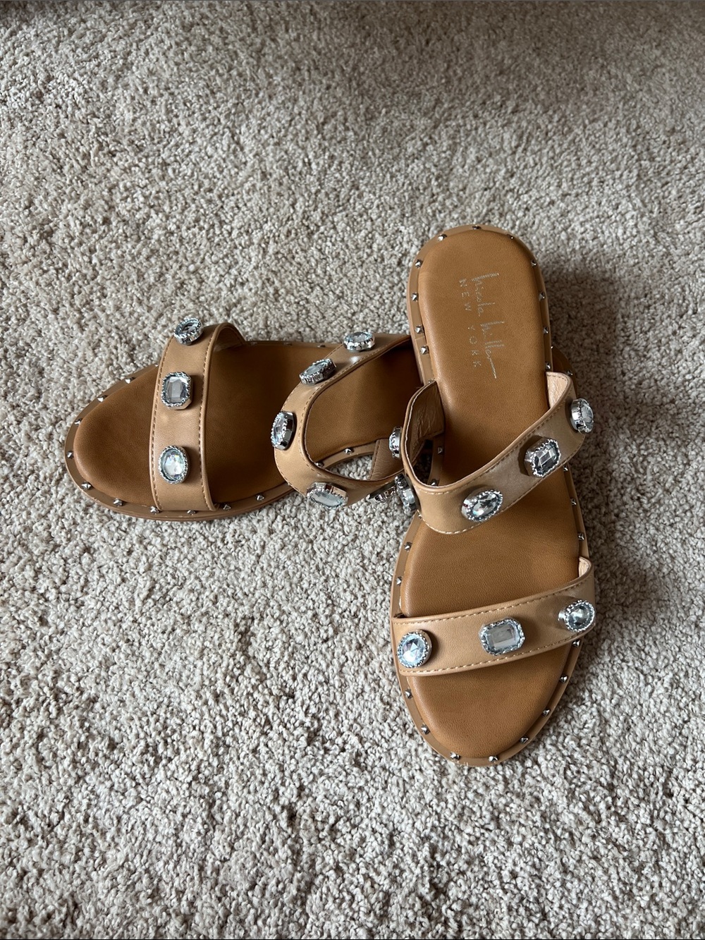 Nicole Miller New York Tan Jeweled Slide Sandals
